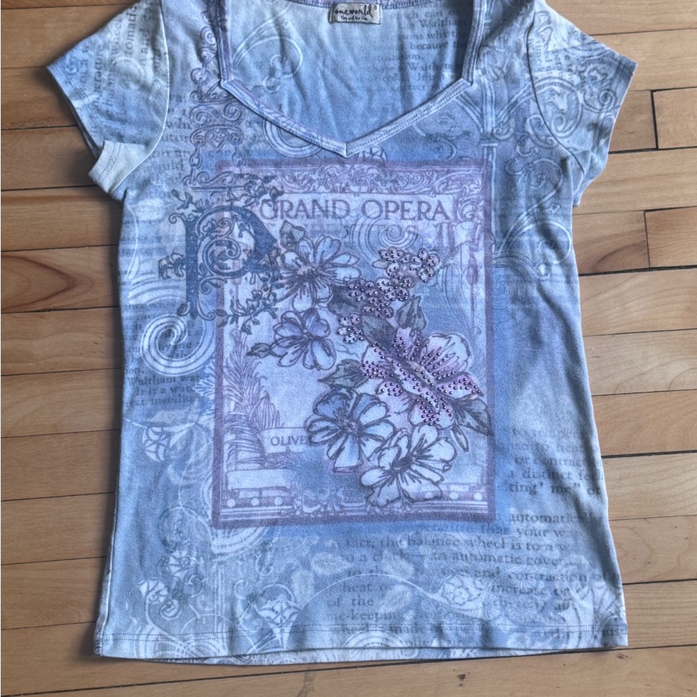 ONE WORLD Blue Graphic Short Sleeve Top